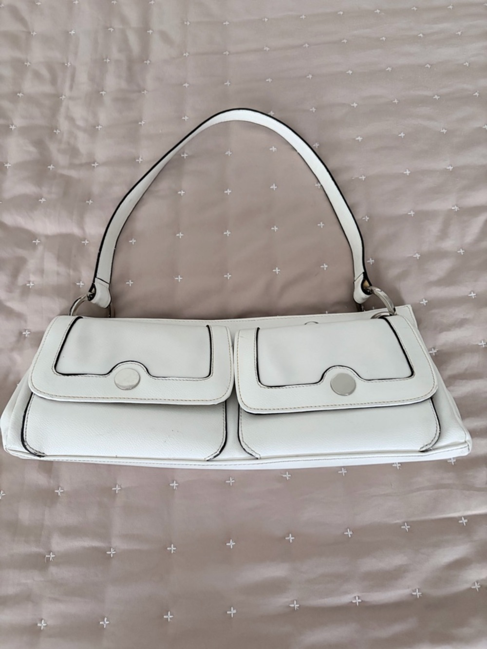 Minimalist White Shoulder Bag with Double Front Pockets
